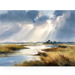 May include: A watercolour painting depicting a landscape with a river winding through a field of tall grass. The sky is cloudy with rays of sunlight breaking through the clouds.