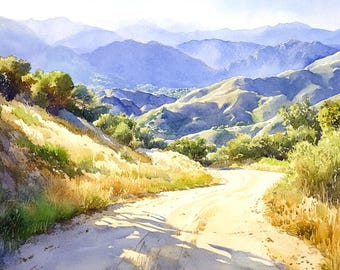 California Hills Art Print: Golden Landscape, Country Road Watercolor Style Wall Decor