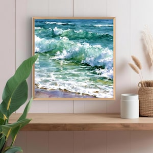 May include: A square framed wall art print depicting a seascape with rolling ocean waves. The painting features vibrant shades of turquoise, deep blue, and emerald green water with white sea foam cresting as the waves break towards the shore.