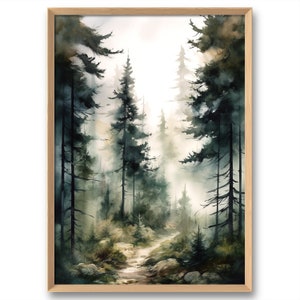 Pine Forest Art Print Foggy Landscape Wall Art Misty Pine Trees Watercolor Style Earth Tone Print Calming Wall Decor Hiker Gift