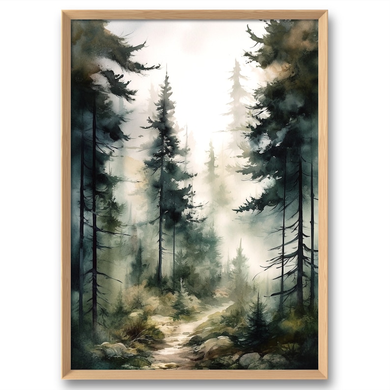 Art print of a forest path leading through tall, dark green trees. The path is surrounded by rocks and foliage, and the trees are shrouded in a soft, misty light.