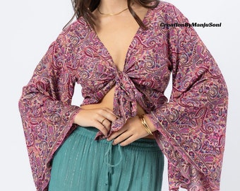 3-Wege Glockenärmel Hippie Boho Wickeltop, 70er Jahre Kleidung, Vintage Seide Retro Eco Top, Aufflackern Ärmel Ästhetik, Free Spirit Style