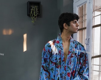 OFMD Blue Bird Velvet Banyan Fabric Kimono Cotton Velvet Robe Long, Original OFMD break up robe Printed Kimono With Tassels
