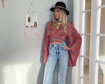 3-way Bell Sleeve Tie Front Hippie Boho Wrap Top, 70s Style Clothing, Vintage Silk Retro Eco Top, Flare Sleeve Aesthetic, Free Spirit Style