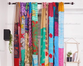2 piezas de sari de seda antiguo indio vintage multicolor hecho a mano con retazos para puerta, ventana, decoración del hogar, cortina reciclada