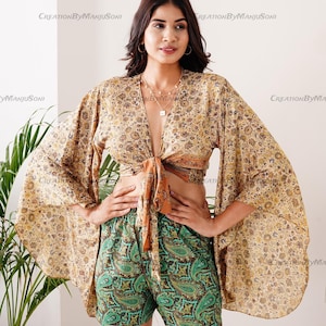 3-way Bell Sleeve Tie Front Hippie Flower Boho Wrap Top, 70s
