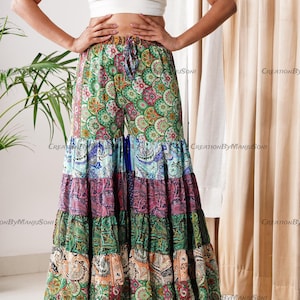Recycle Sari Silk Wide Leg Patchwork Pants, Women Long Boho Hippie Skirt Pant, Boho Hippie Patchwork Palazzo, Elastic Waist Silk Palazzo