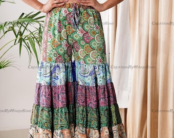 Recycle Sari Silk Wide Leg Patchwork Pants, Women Long Boho Hippie Skirt Pant, Boho Hippie Patchwork Palazzo, Elastic Waist Silk Palazzo