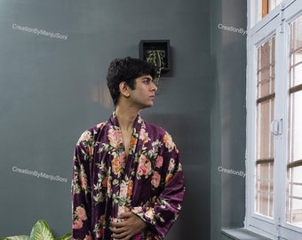 OFMD Purple Flower Velvet Banyan Fabric Kimono Cotton Velvet Robe Long, Original OFMD break up robe Printed Kimono With Tassels