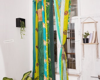 2 Stk indischen Vintage alte Seide Sari Stoff Grün Farbe handgemachte Vorhang Tür Fenster Dekor Patchwork Vorhang Haustür Fenster Vorhang