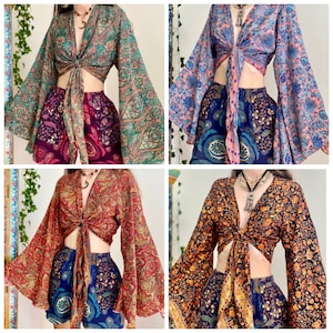 Recycled Silk Wrap Blouse | Boho Bell Sleeve Top | Hippie Wrap Top | Crop Blouse | Flare Top | Bell Sleeve Blouse | Kimono Wrap Top