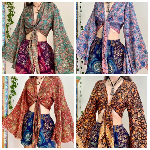 Wikkelblouse van gerecyclede zijde | Boho top met klokkenmouwen | Hippie-wikkeltop | Cropblouse | Uitlopende top | Blouse met klokmouwen | Kimono-wikkeltop