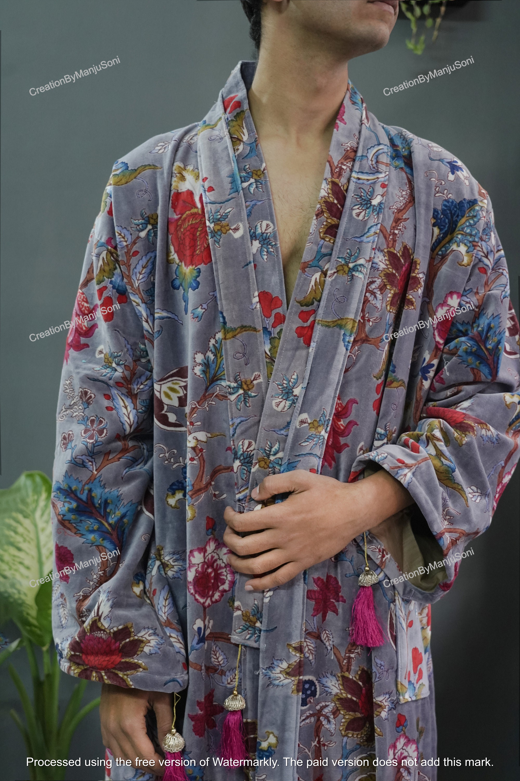 Ofmd Robe OFMD Gullen Print Velvet Banyan Fabric Kimono Cotton Velvet Robe Long ...
