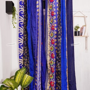 FREE SHIPPING - Indian Vintage Silk Sari Fabric Curtains Handmade Decorative Boho Hippie Curtain, Room Decor Patchwork Curtain, Window Decor Blue