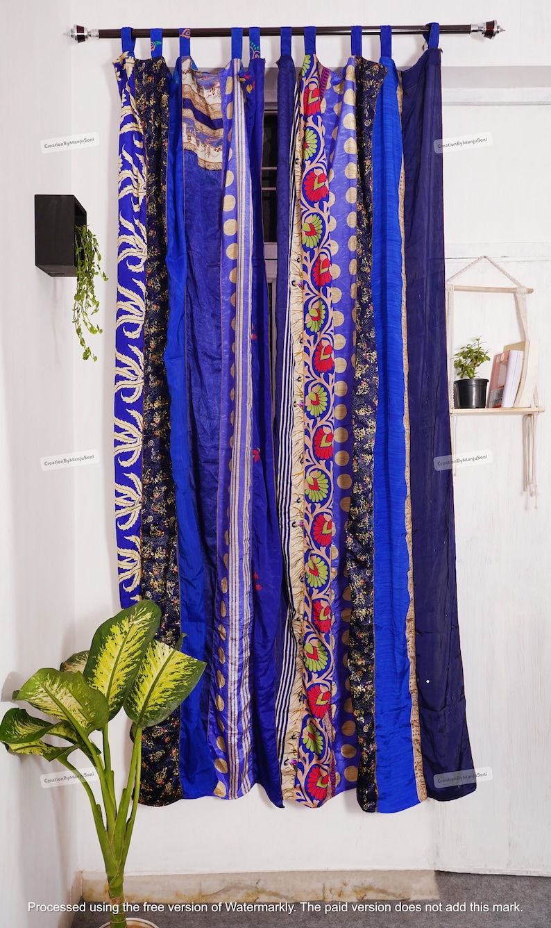 FREE SHIPPING - Indian Vintage Silk Sari Fabric Curtains Handmade Decorative Boho Hippie Curtain, Room Decor Patchwork Curtain, Window Decor Blue