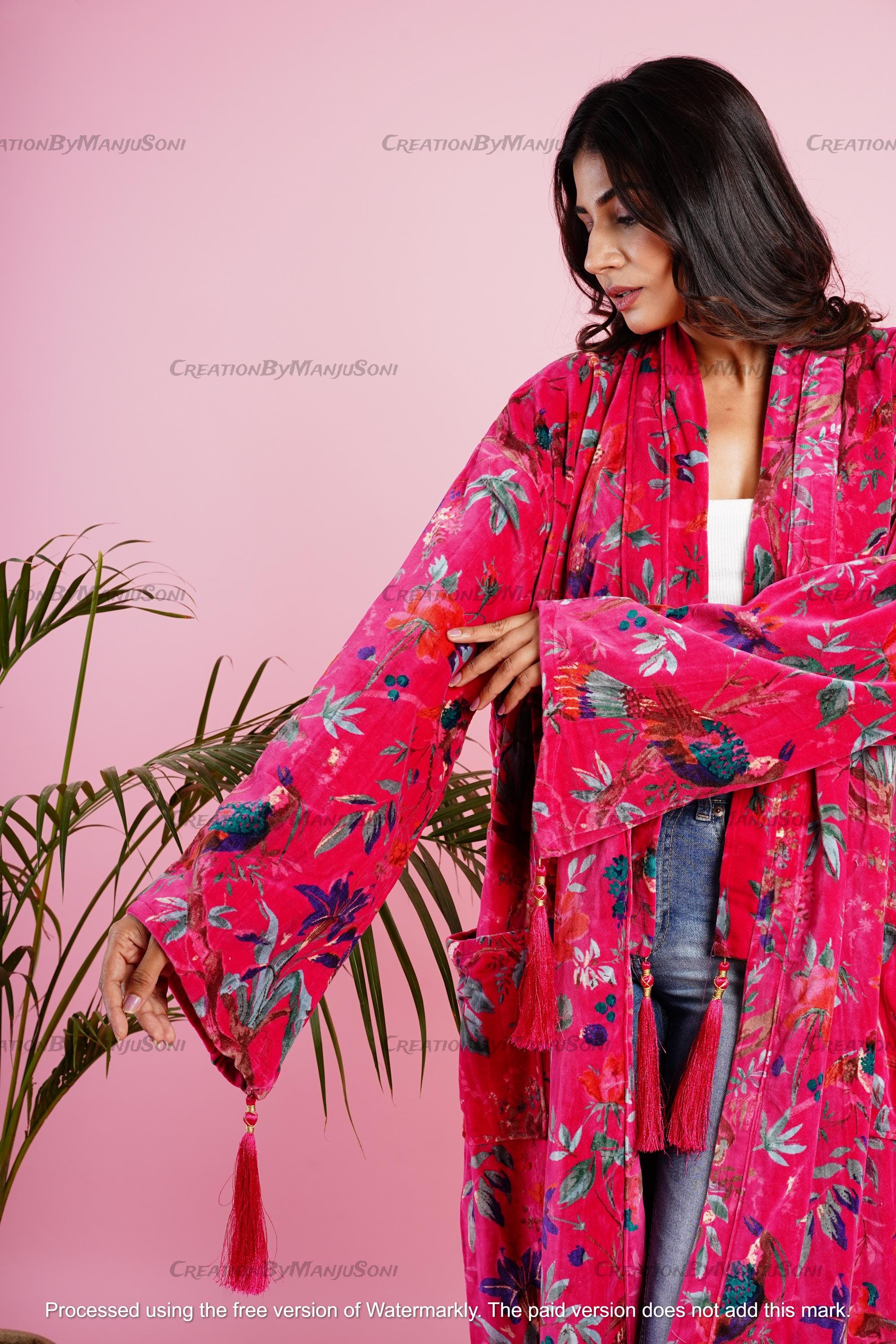 Ofmd Robe OFMD Pink Bird Velvet Banyan Fabric Kimono Cotton Velvet Robe Long ...