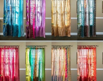 FREE SHIPPING - Indian Vintage Silk Sari Fabric Curtains Handmade Decorative Boho Hippie Curtain, Room Decor Patchwork Curtain, Window Decor