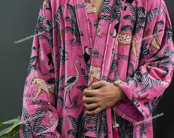 OFMD Pink Jungle Velvet Banyan Fabric Kimono Cotton Velvet Robe Long, Original OFMD break up robe Printed Kimono With Tassels