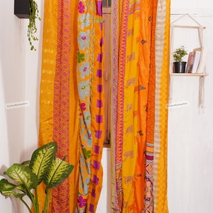 FREE SHIPPING - Indian Vintage Silk Sari Fabric Curtains Handmade Decorative Boho Hippie Curtain, Room Decor Patchwork Curtain, Window Decor Yellow
