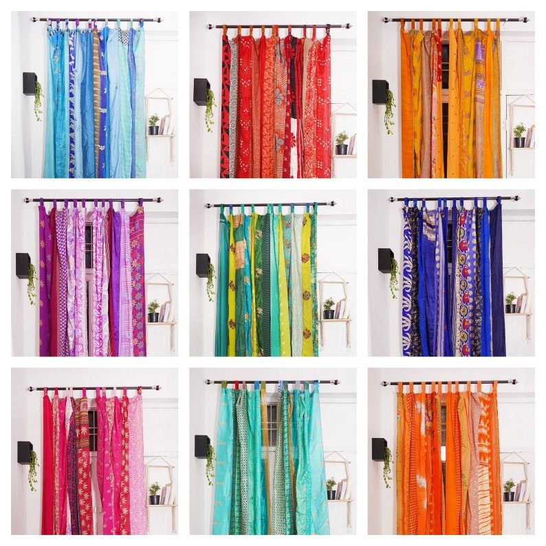 FREE SHIPPING - Indian Vintage Silk Sari Fabric Curtains Handmade Decorative Boho Hippie Curtain, Room Decor Patchwork Curtain, Window Decor image 1