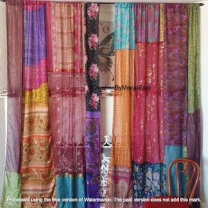 2 pcs Indian Vintage Old Silk Sari Multi color Handmade Patchwork Door Drape Window Home Decor Recycled Curtain