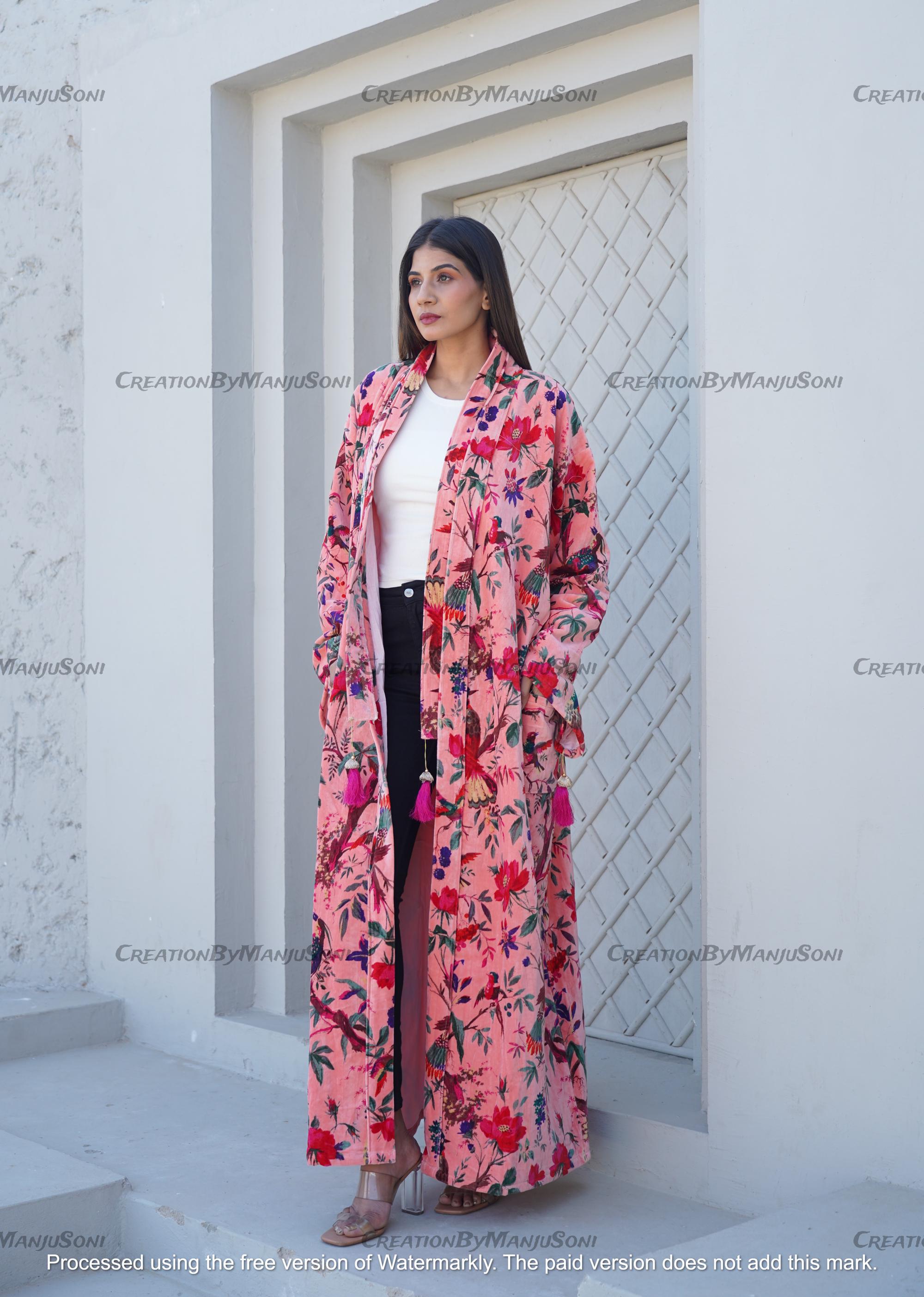 Ofmd Robe OFMD Pink Bird Velvet Banyan Fabric Kimono Cotton Velvet Robe Long ...
