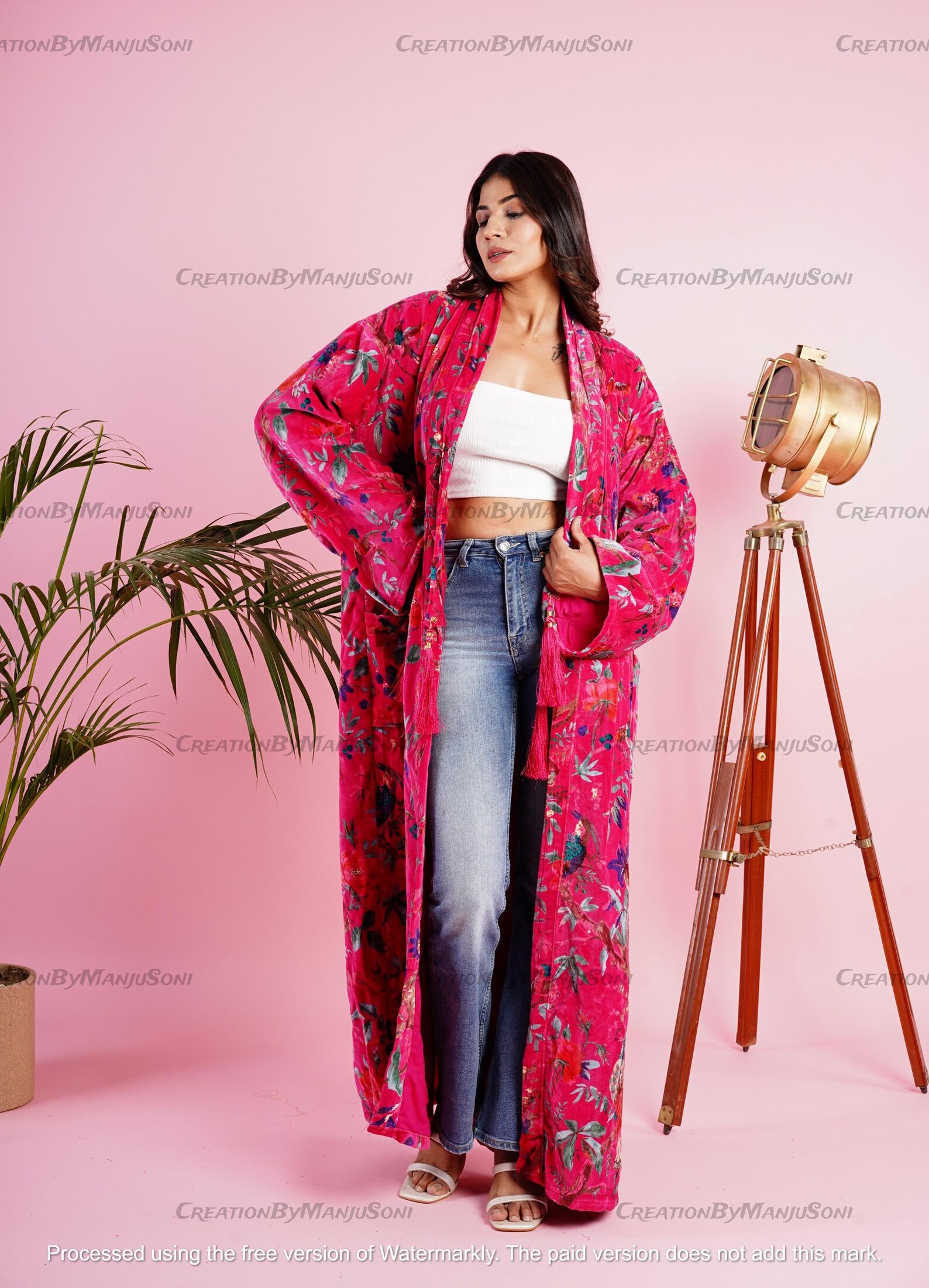 Ofmd Robe OFMD Pink Bird Velvet Banyan Fabric Kimono Cotton Velvet Robe Long ...