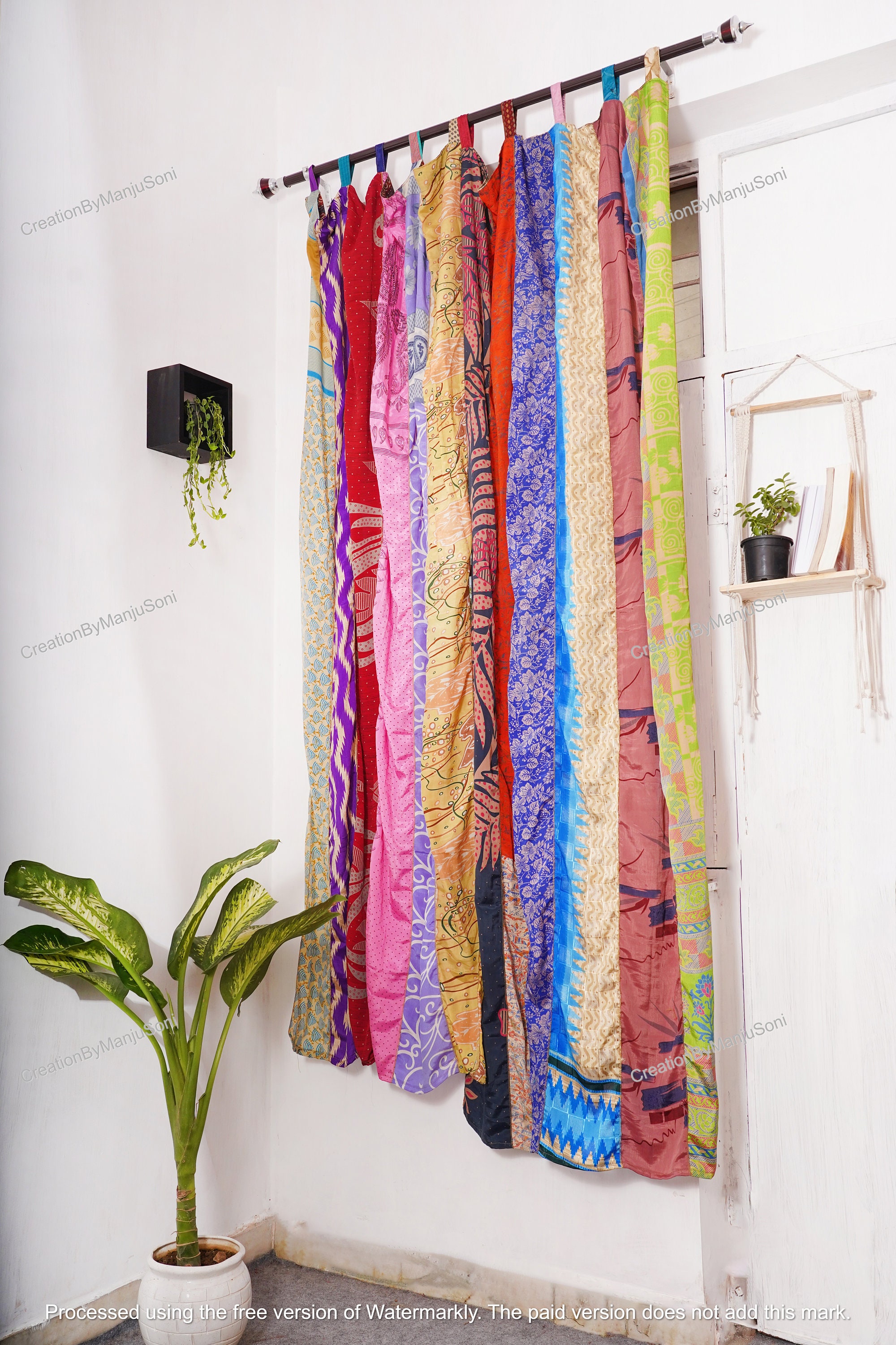 Cortinas Boho De Sari De Seda Reciclado (2 Piezas) – Decoración Única Para Puerta O Ventana
