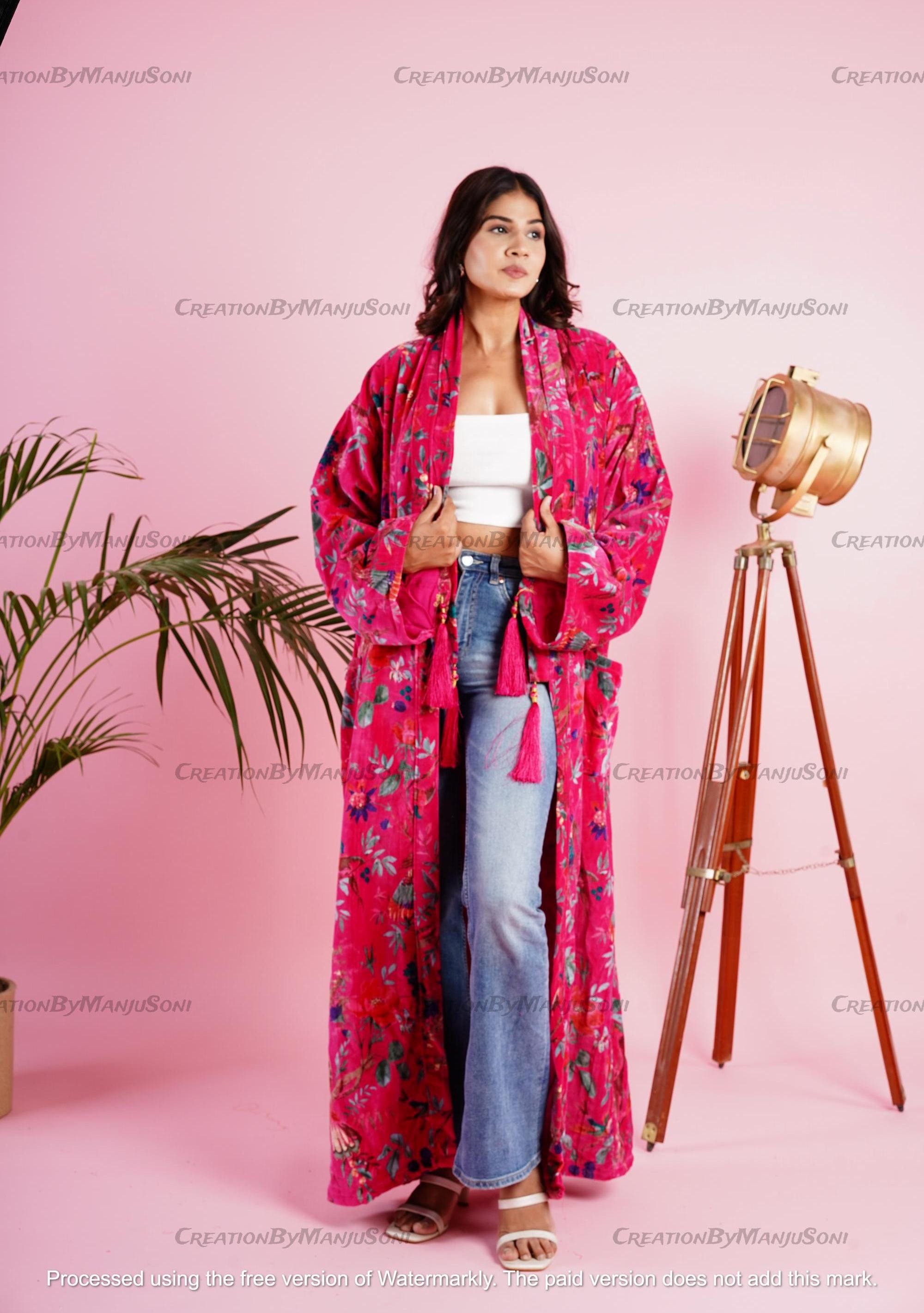 Ofmd Robe OFMD Pink Bird Velvet Banyan Fabric Kimono Cotton Velvet Robe Long ...