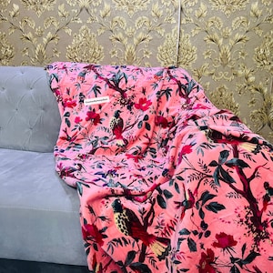 Vintage Cotton Velvet Peach Pink Color Bird Print Luxury Curtain, Boho ...