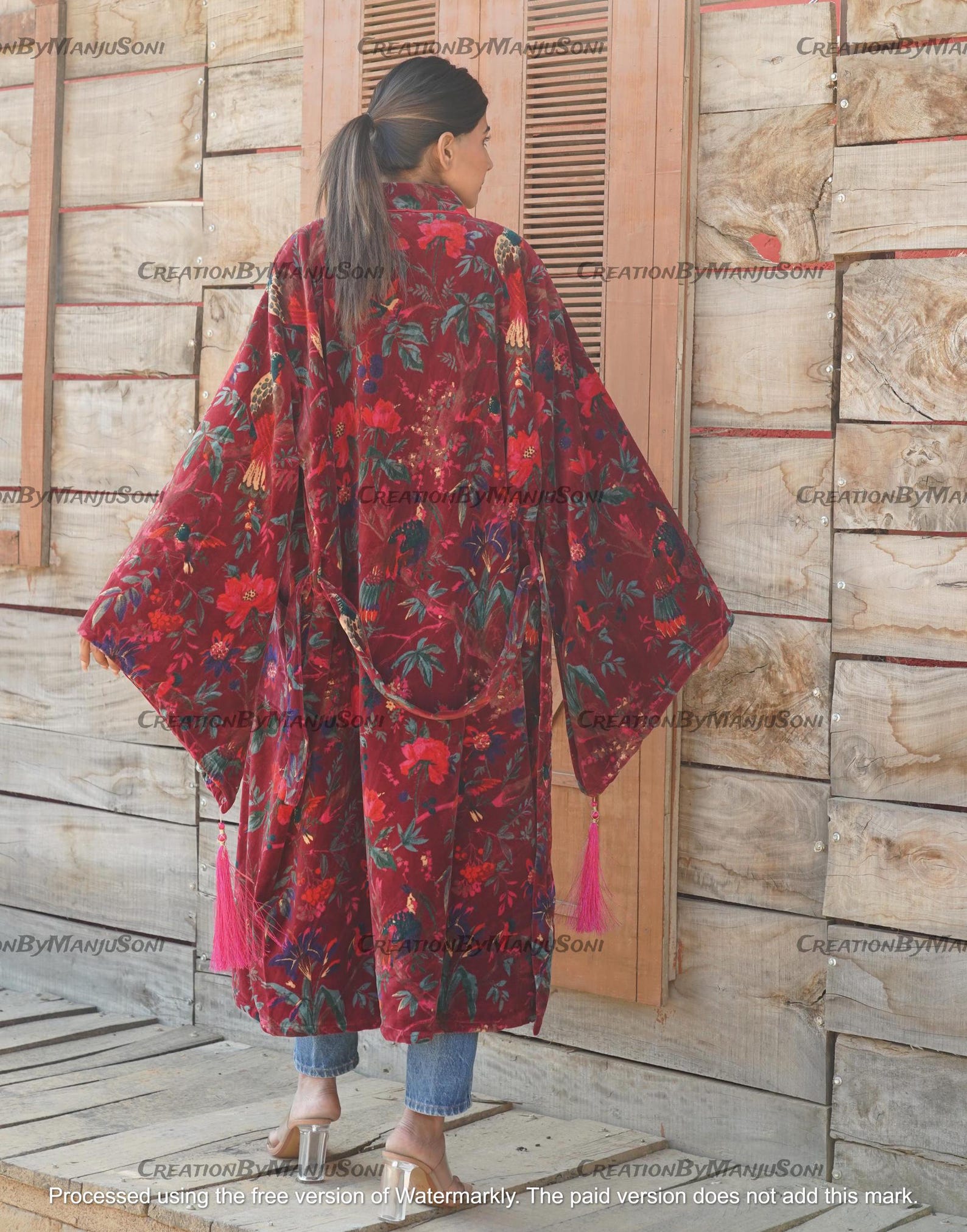 Ofmd Robe OFMD Maroon Bird Velvet Banyan Fabric Kimono Cotton Velvet Robe Long ...
