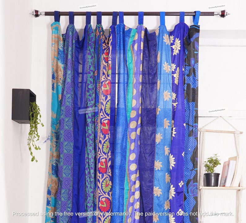FREE SHIPPING - Indian Vintage Silk Sari Fabric Curtains Handmade Decorative Boho Hippie Curtain, Room Decor Patchwork Curtain, Window Decor Turuoise
