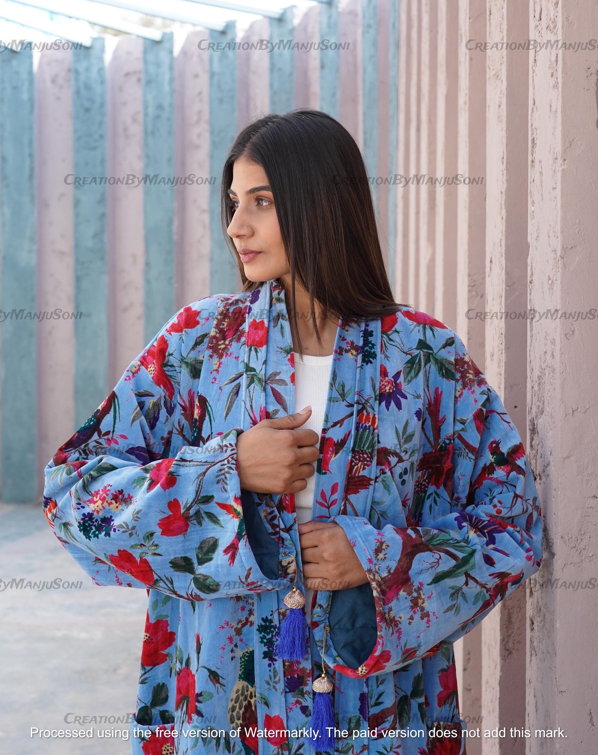 Ofmd Robe OFMD Bird Print Velvet Banyan Fabric Kimono Cotton Velvet Robe Long ...