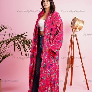 Ofmd Robe OFMD Pink Bird Velvet Banyan Fabric Kimono Cotton Velvet Robe Long ...