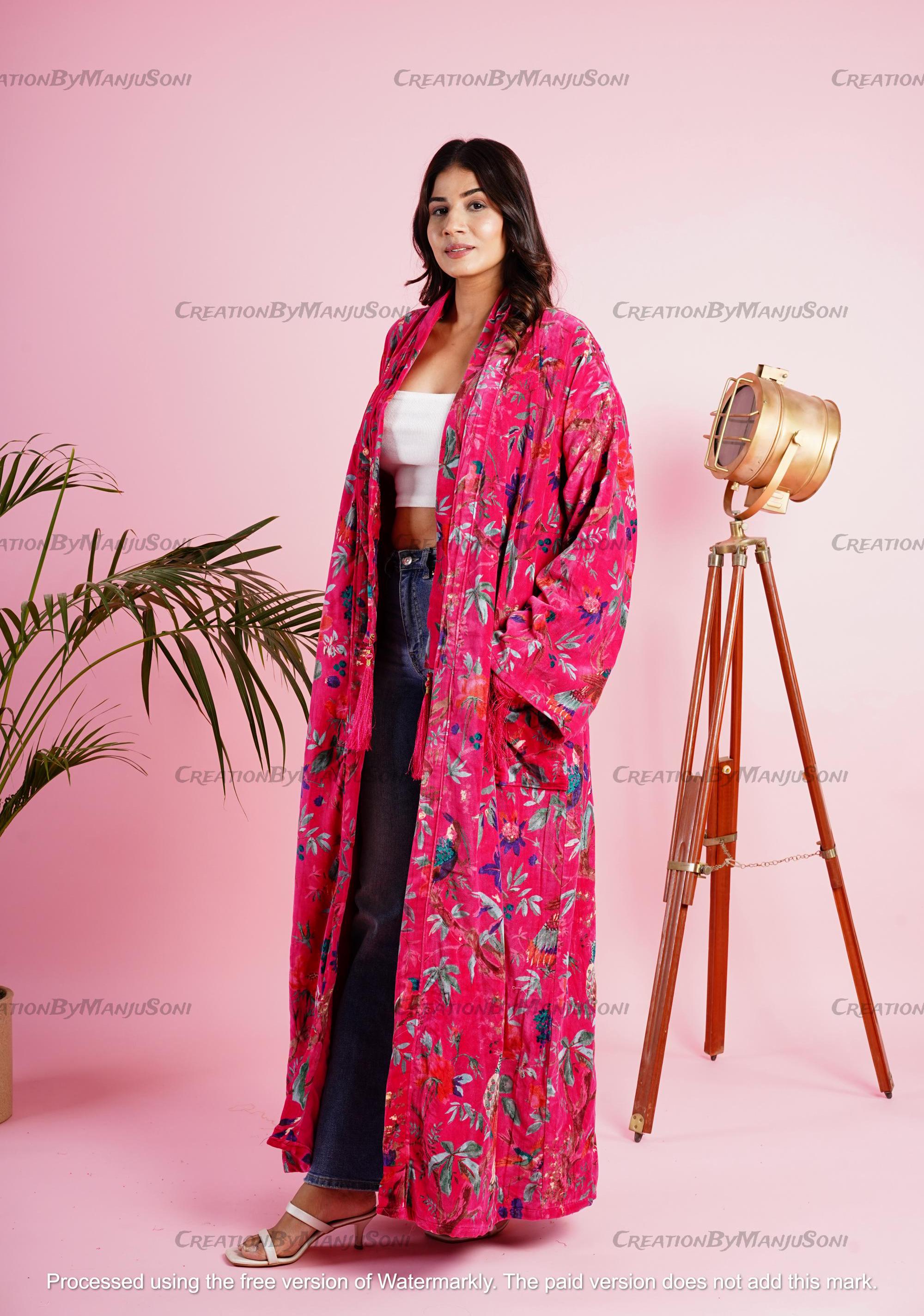 Ofmd Robe OFMD Pink Bird Velvet Banyan Fabric Kimono Cotton Velvet Robe Long ...