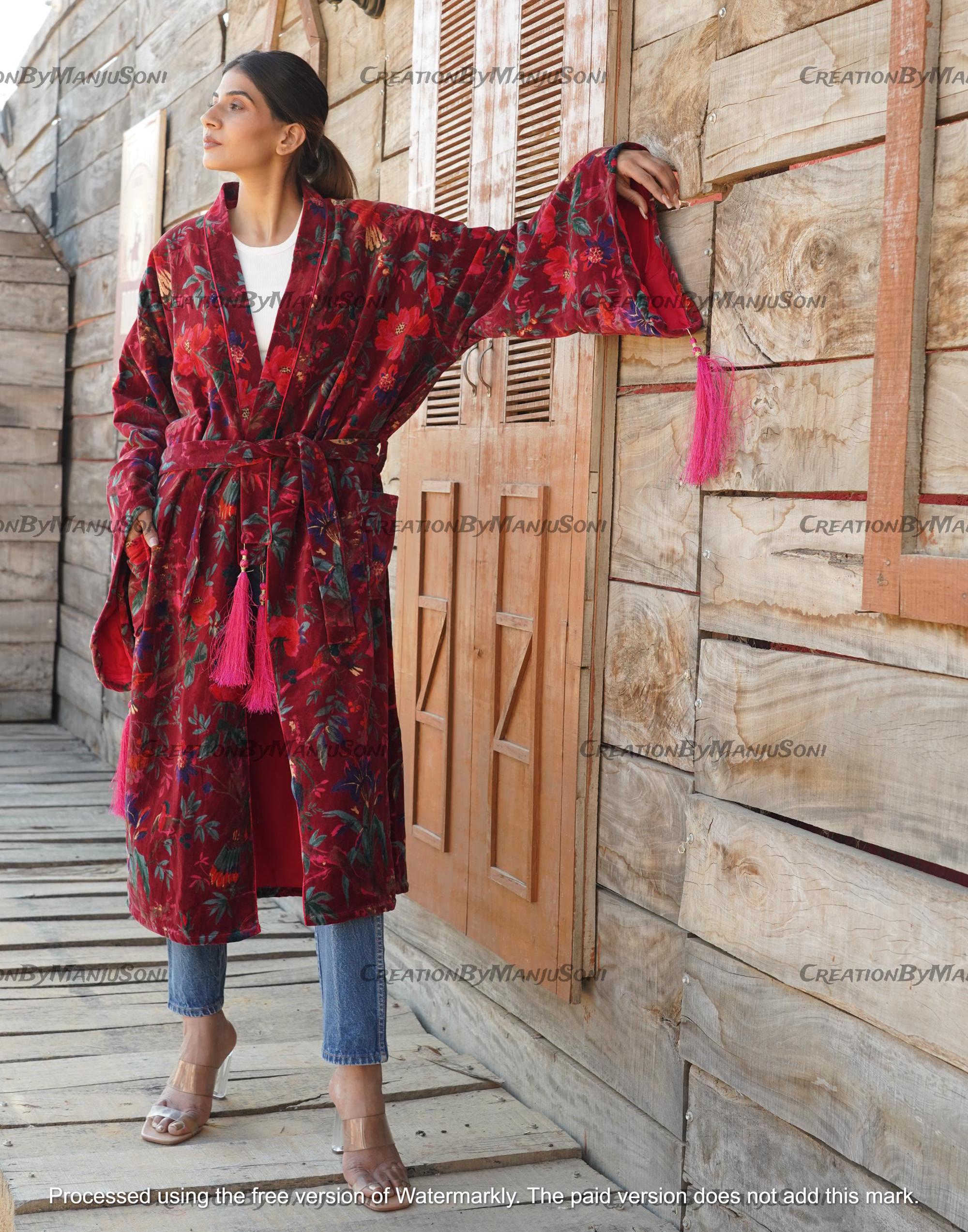 Ofmd Robe OFMD Maroon Bird Velvet Banyan Fabric Kimono Cotton Velvet Robe Long ...
