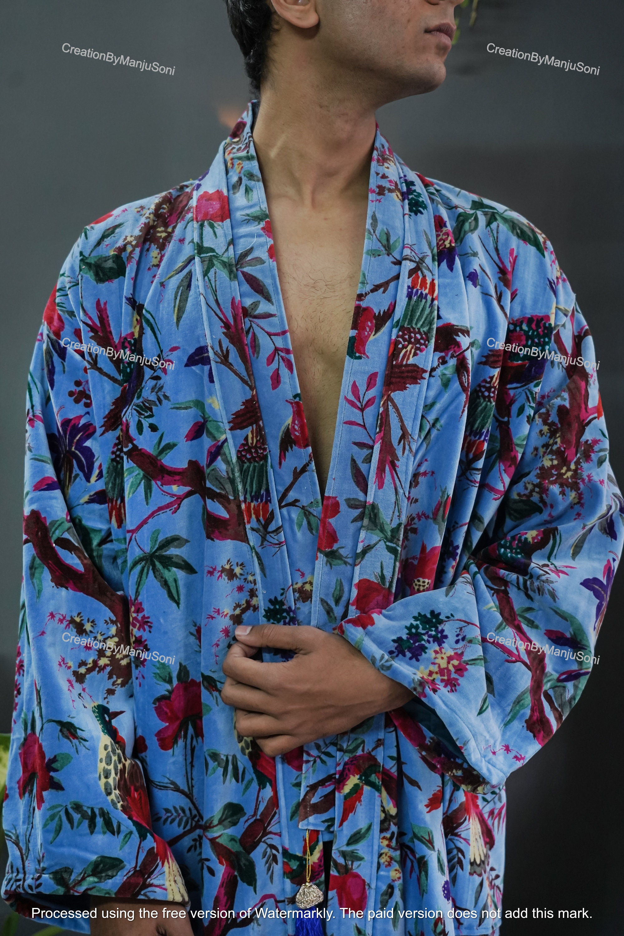 Ofmd Robe OFMD Blue Bird Velvet Banyan Fabric Kimono Cotton Velvet Robe Long ...