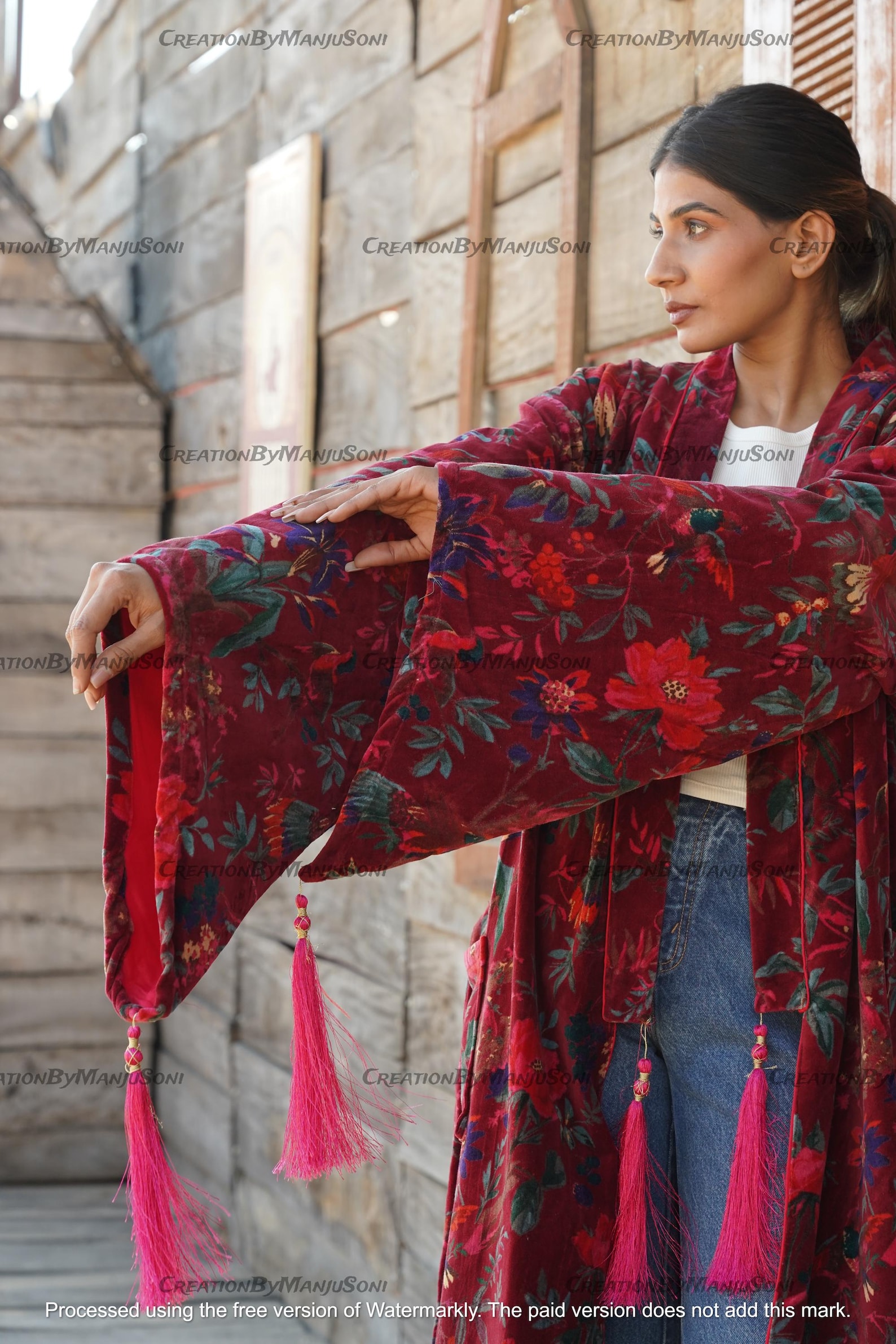 Ofmd Robe OFMD Maroon Bird Velvet Banyan Fabric Kimono Cotton Velvet Robe Long ...