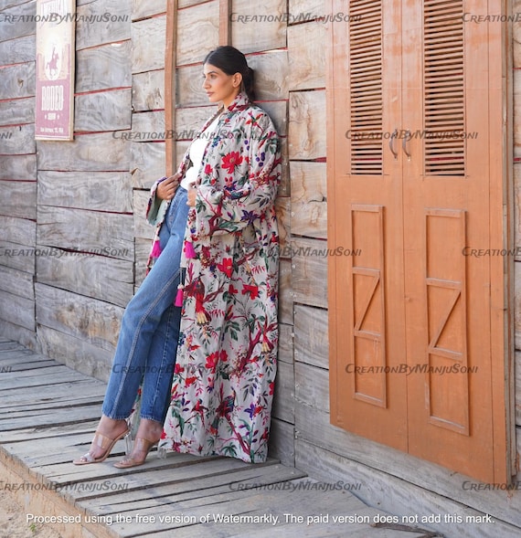 OFMD Grey Bird print Velvet Banyan Fabric Kimono Cotton Velvet Robe Long,Original OFMD break up robe Printed Kimono with Tassels,Velvet Robe