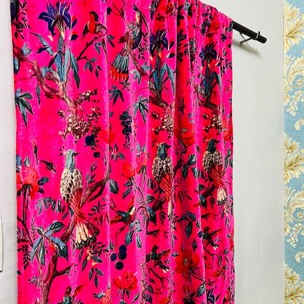 Vintage Cotton Velvet Hot Pink Color Bird Print luxury Curtain, Boho Curtain, luxury Drapes Housewarming Gift
