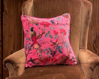 Dark pink OFMD breakup robe fabric Bohemian style cotton velvet birds design cushion pillow cover