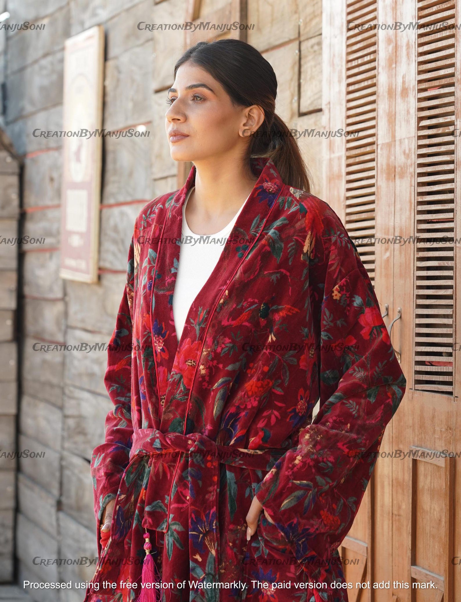 Ofmd Robe OFMD Maroon Bird Velvet Banyan Fabric Kimono Cotton Velvet Robe Long ...