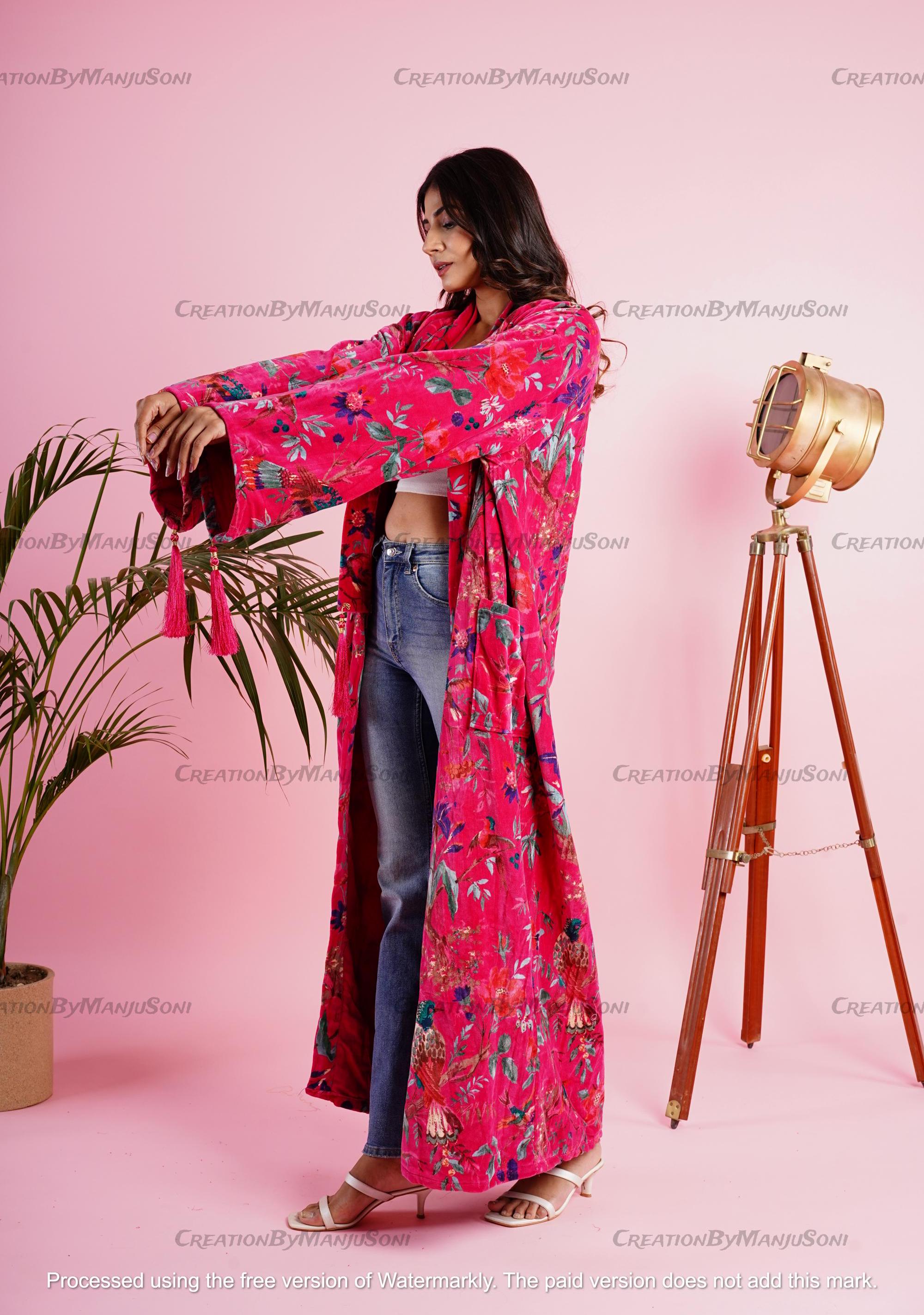 Ofmd Robe OFMD Pink Bird Velvet Banyan Fabric Kimono Cotton Velvet Robe Long ...