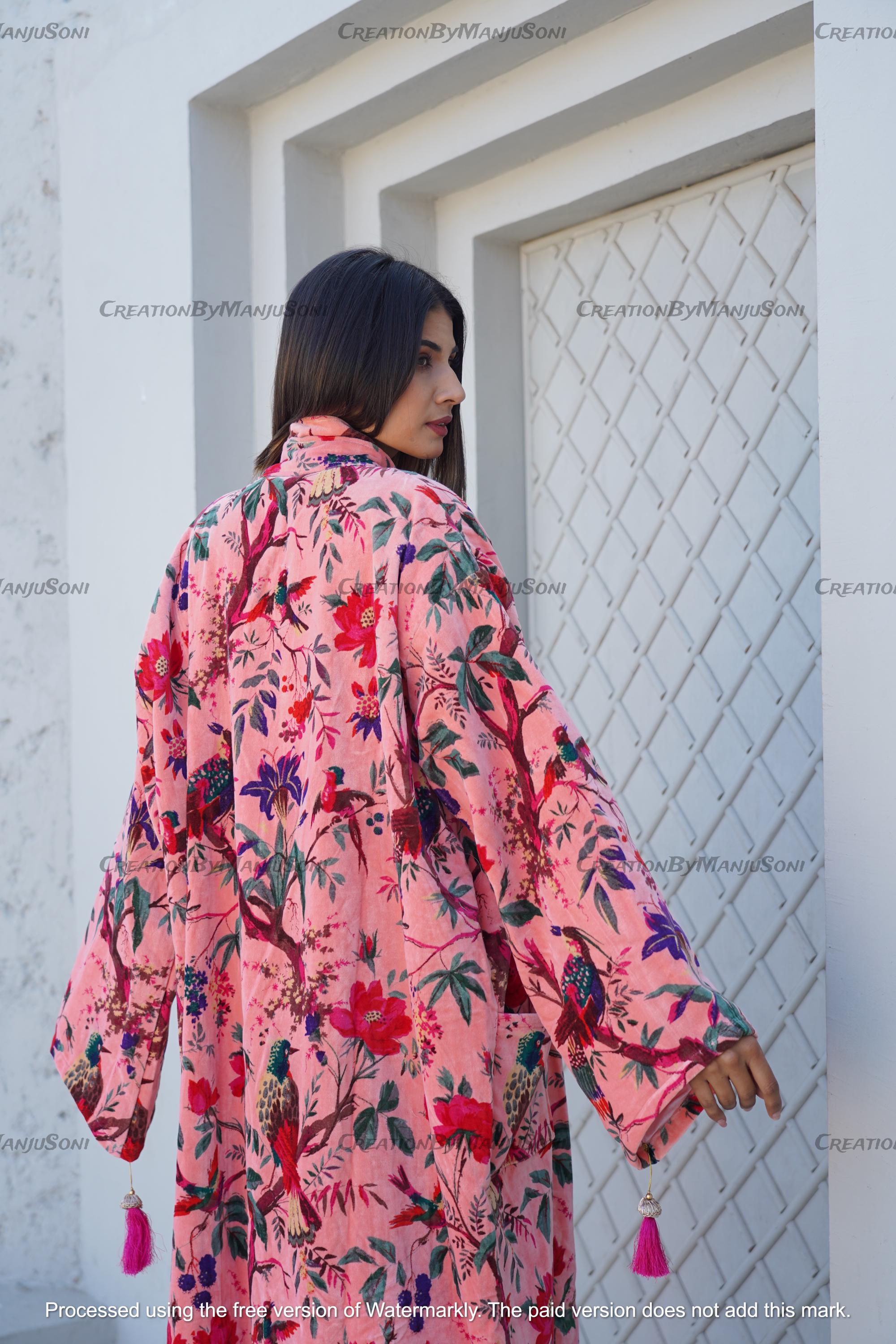 Ofmd Robe OFMD Pink Bird Velvet Banyan Fabric Kimono Cotton Velvet Robe Long ...