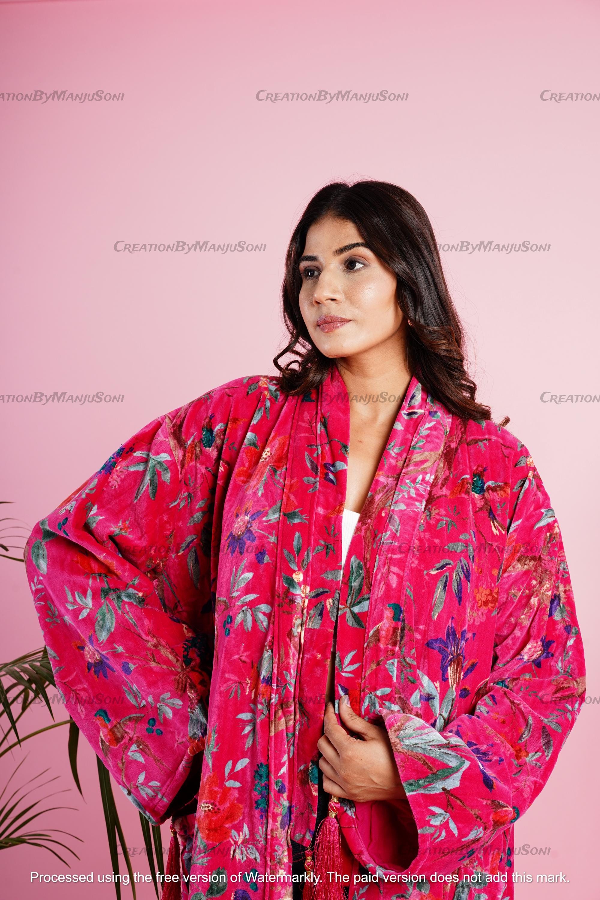 Ofmd Robe OFMD Pink Bird Velvet Banyan Fabric Kimono Cotton Velvet Robe Long ...