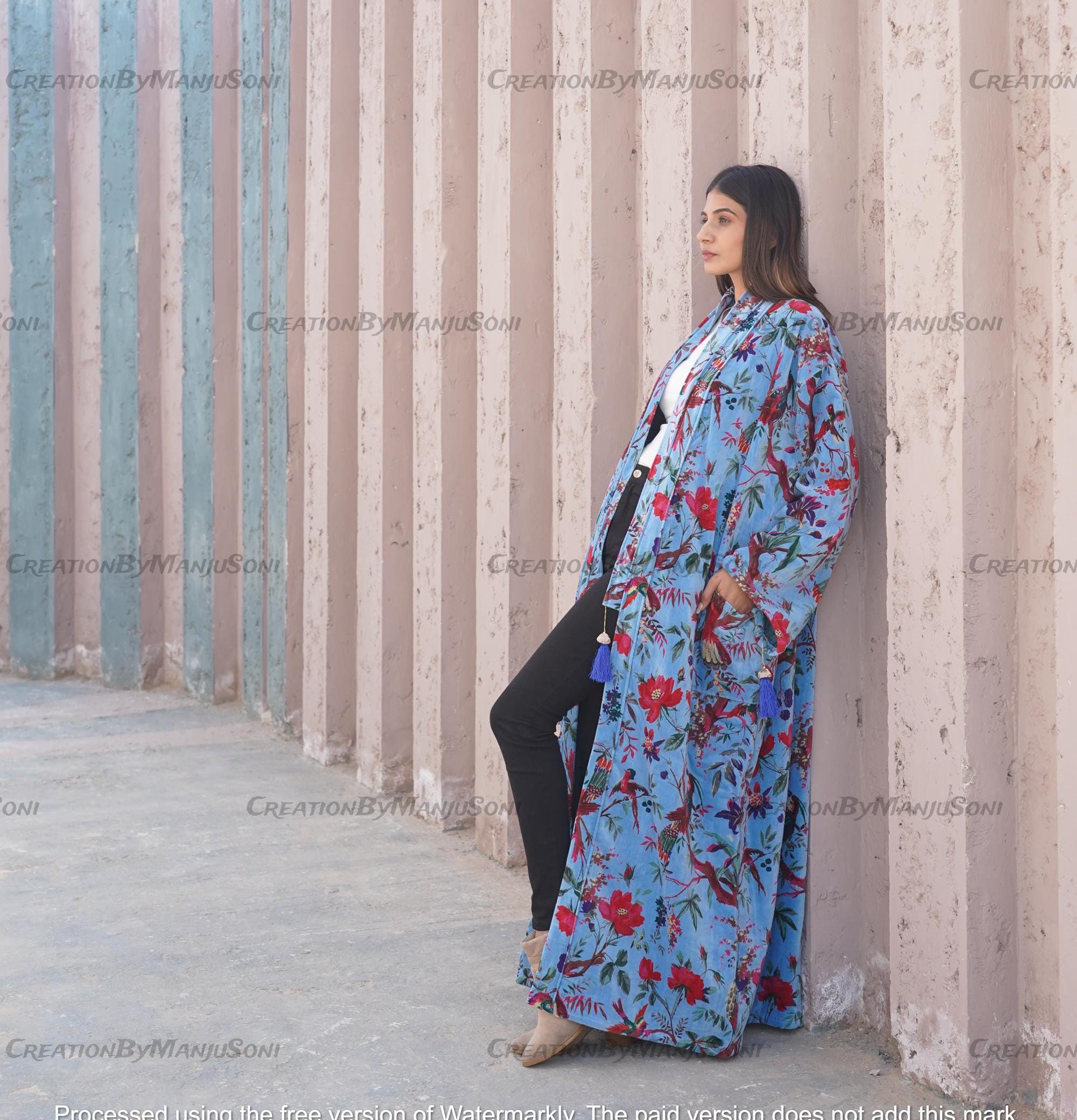 Ofmd Robe OFMD Bird Print Velvet Banyan Fabric Kimono Cotton Velvet Robe Long ...