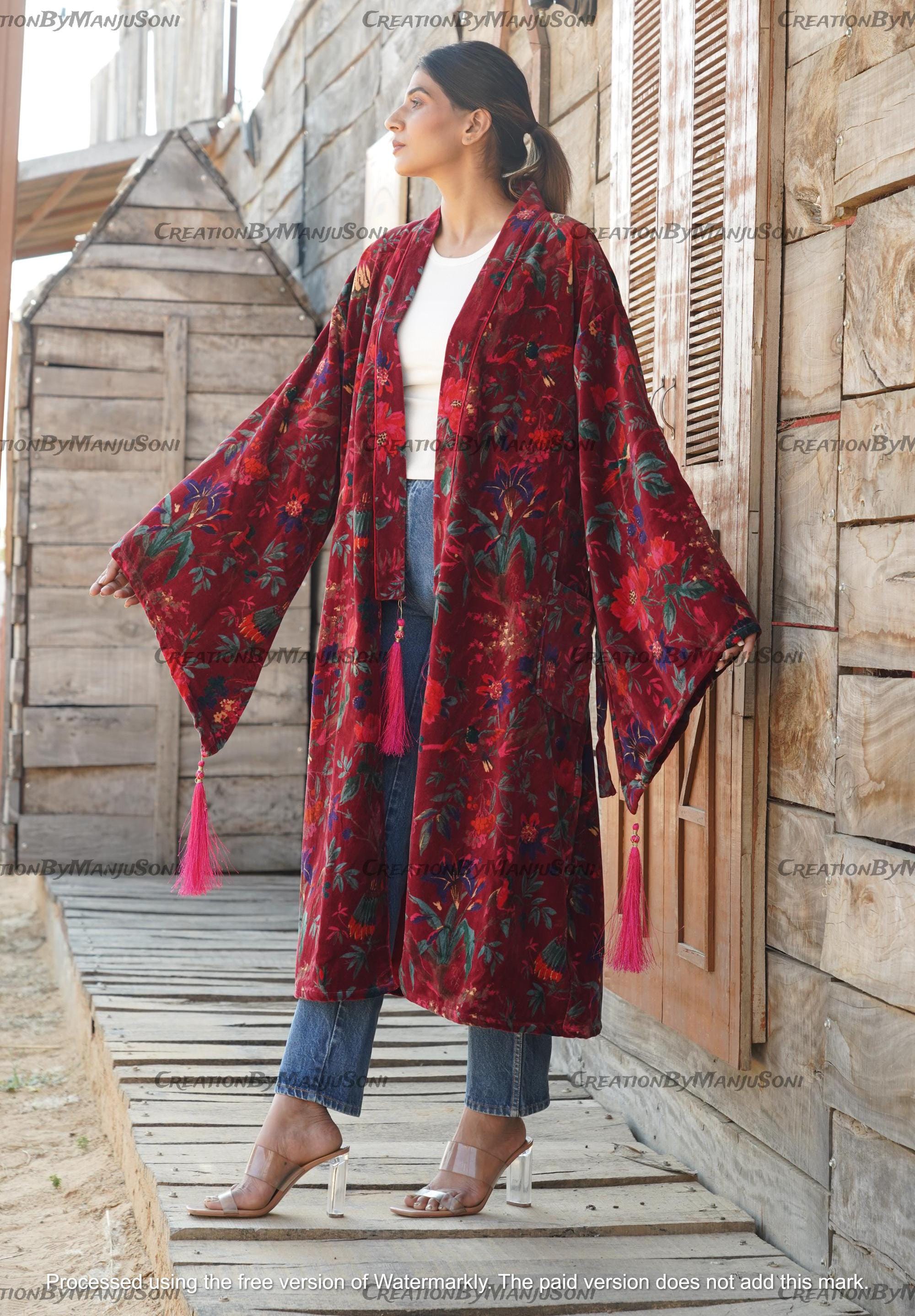 Ofmd Robe OFMD Maroon Bird Velvet Banyan Fabric Kimono Cotton Velvet Robe Long ...