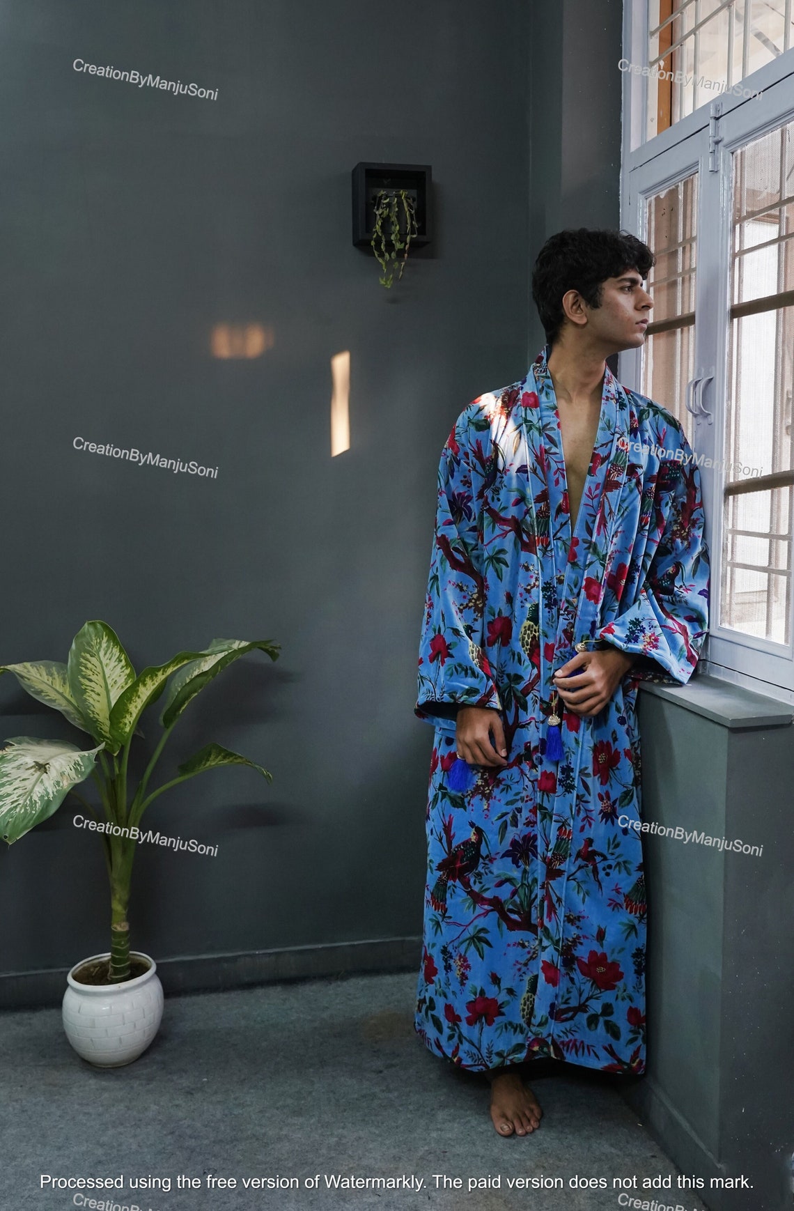 Ofmd Robe OFMD Blue Bird Velvet Banyan Fabric Kimono Cotton Velvet Robe Long ...