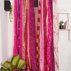 FREE SHIPPING - Indian Vintage Silk Sari Fabric Curtains Handmade Decorative Boho Hippie Curtain, Room Decor Patchwork Curtain, Window Decor Pink