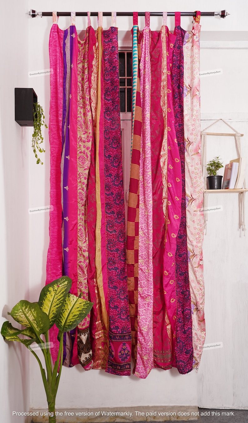 FREE SHIPPING - Indian Vintage Silk Sari Fabric Curtains Handmade Decorative Boho Hippie Curtain, Room Decor Patchwork Curtain, Window Decor Pink